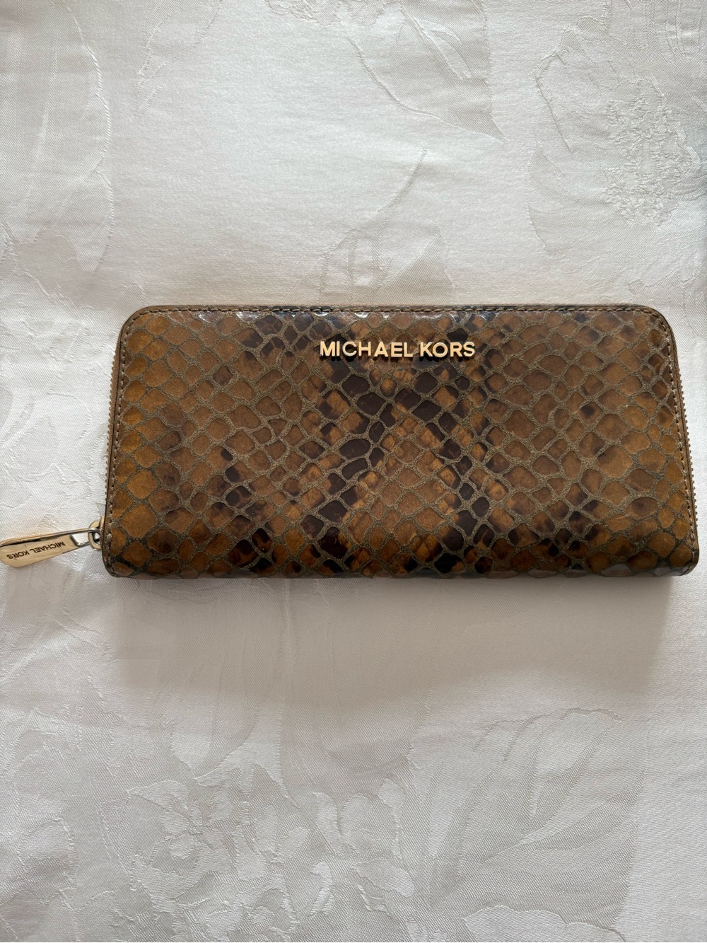 Michael Kors Jet Set Brown Snakeskin Embossed Continental Zip Wallet